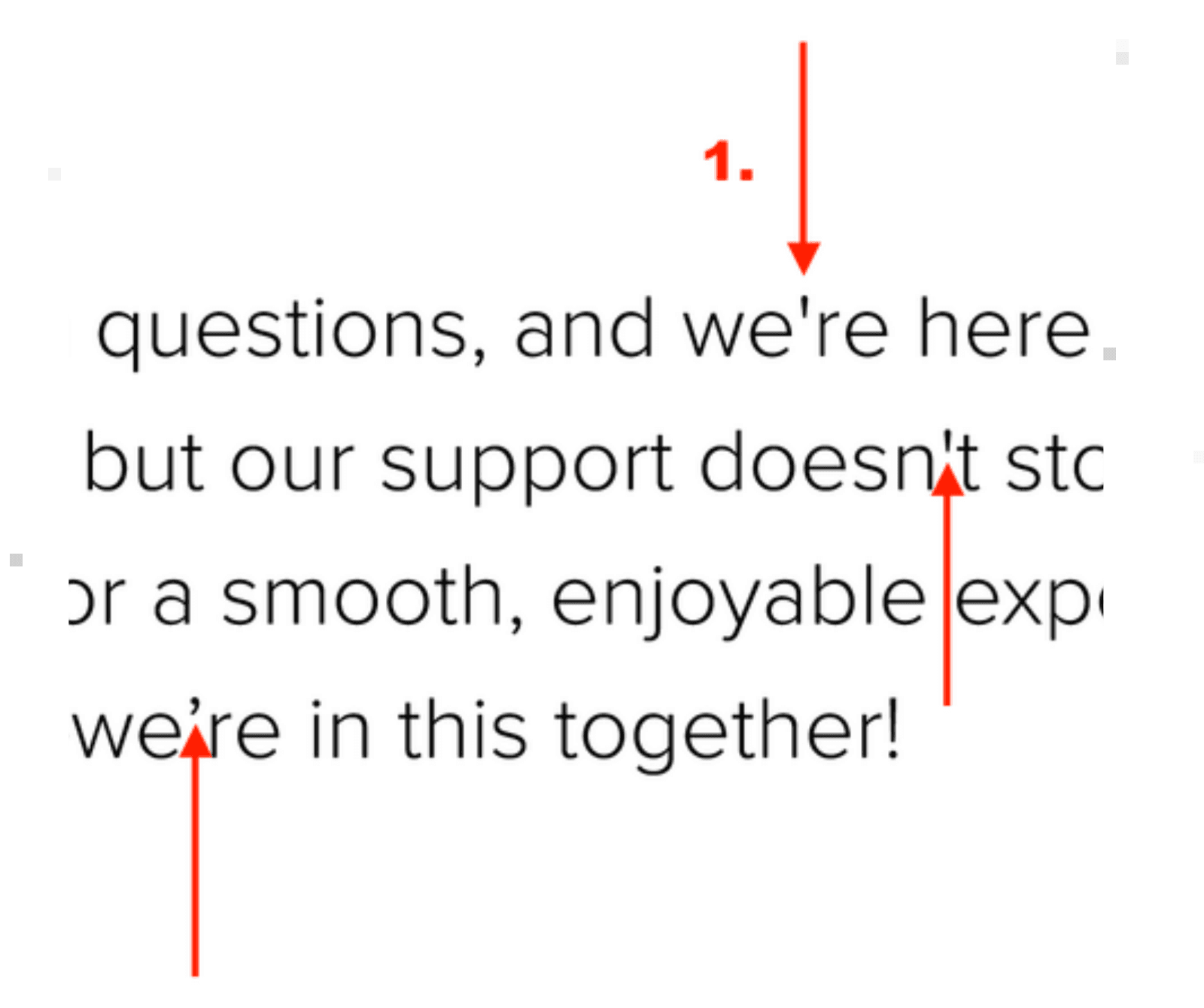 Body copy from a client email with red arrows marking three apostrophes set in inconsistent straight and curled styles.