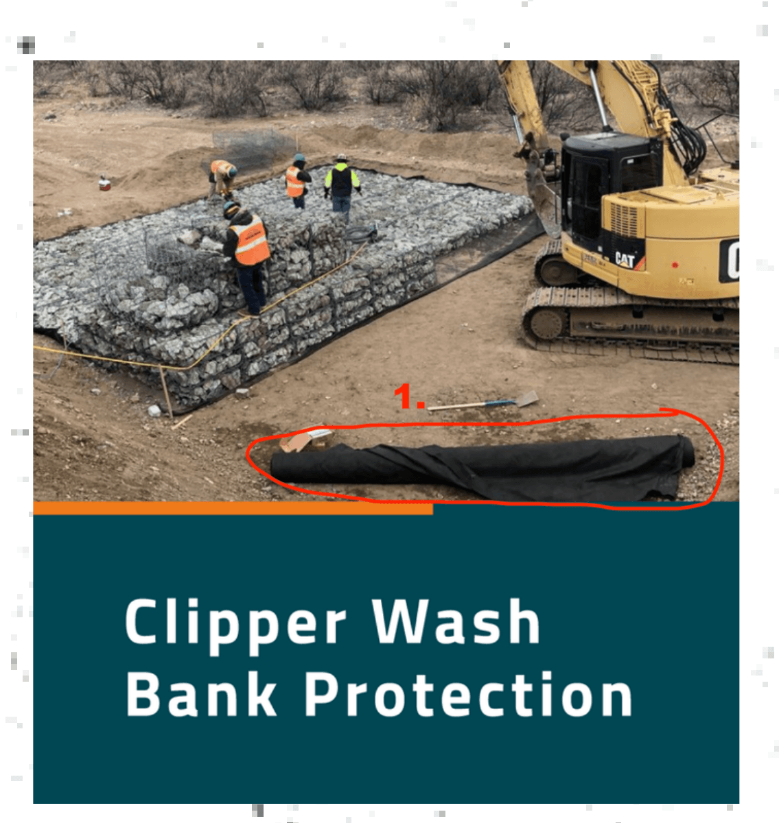 A project card titled “Clipper Wash Bank Protection” with a red circle around a dark tarpaulin in the foreground of the photograph, marked as a distraction to crop out.