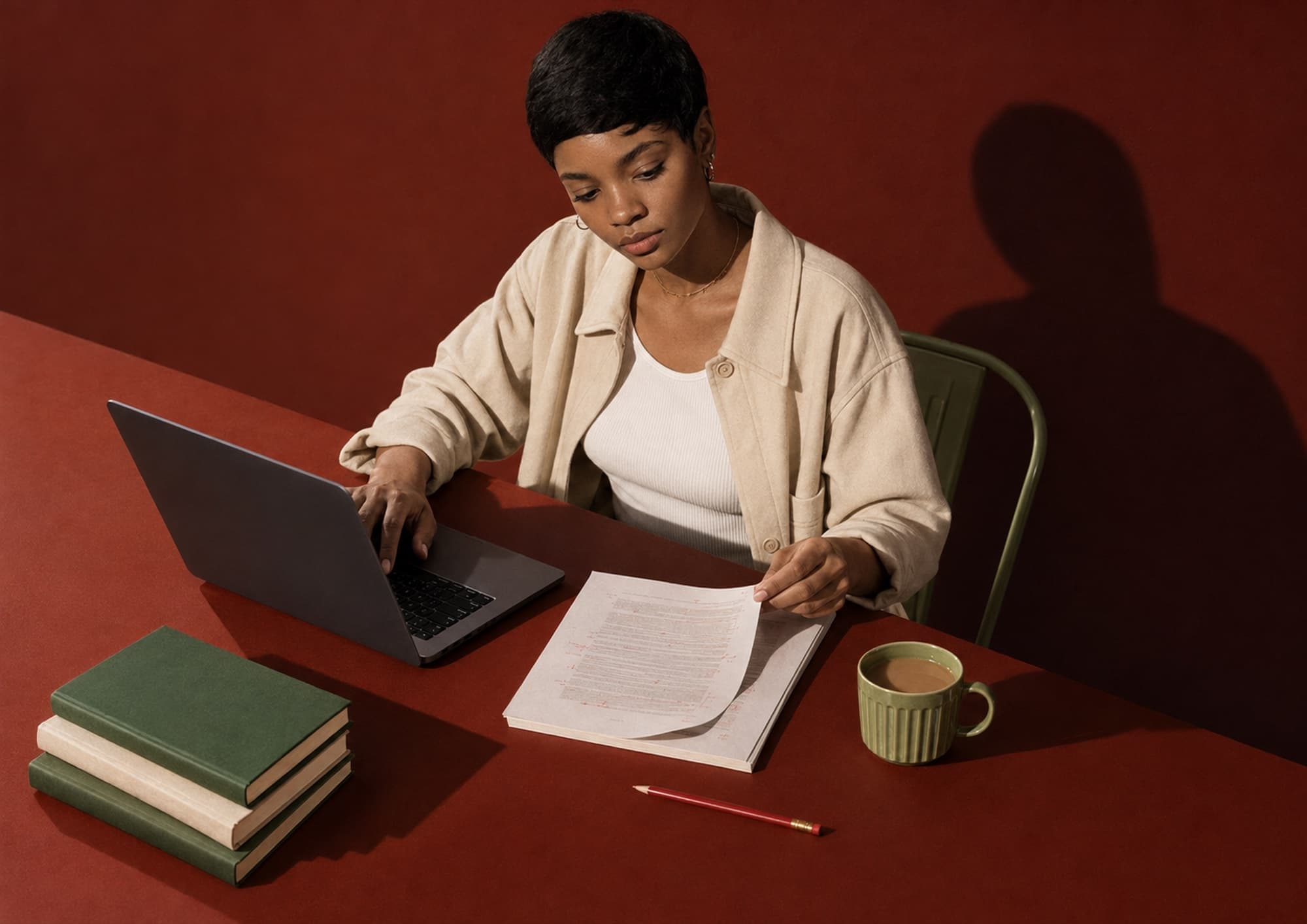 Editor reviewing a marked-up manuscript at her desk